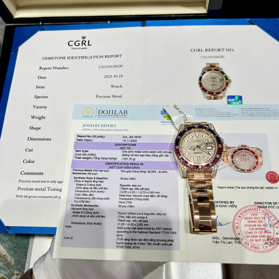 Rolex GMT-Master II 126755SARU 18K Gold Wrapped Moissanite Pavé Dial Ruby & Sapphire Bezel 40mm