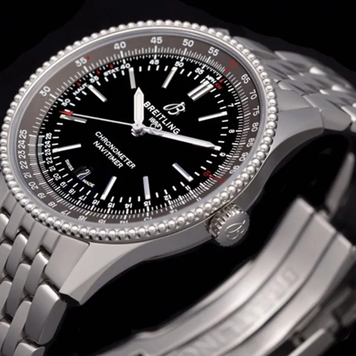 top-tier watch Breitling men's black dial aviation chronograph1 series steel bracelet watch front view