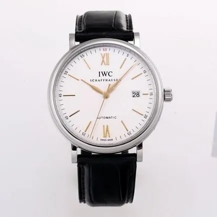 V7 factory IWC top-tier replicahigh-quality watch men's white dial black belt wave Fino series disc automatic movementleather strap watch back cover picture