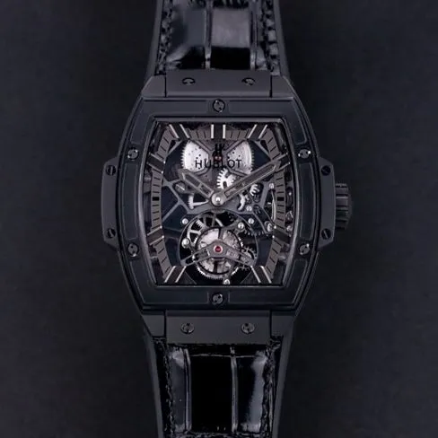 Hublot top-tier watch men's black dial black belt mechanical MASTERPIECE series genuine tourbillonleather strap watch front view