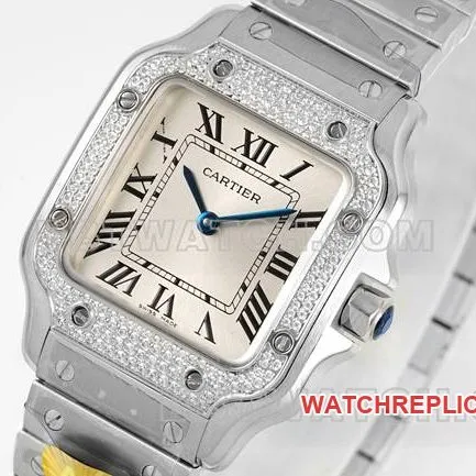 top-tier watch Santos Cartiersilver dialdiamond bezelquartz movementfront live photo