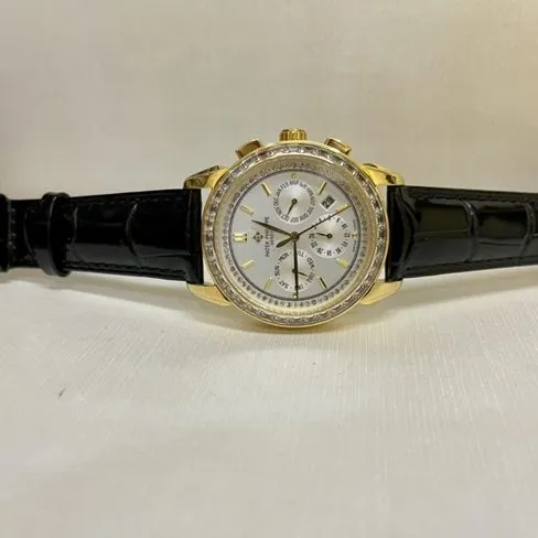 top-tier watch Patek Philippe women's white dial black belt complex chronograph function series leather strap watch front view