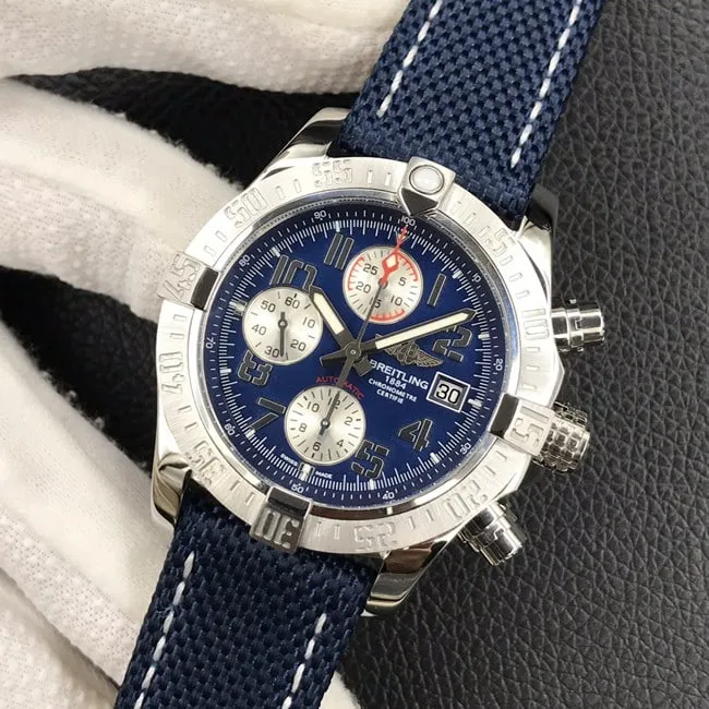 top-tier replicaBreitlinghigh-quality men's blue dial nylon strap Avengers chronograph fully automatic movement watch front view