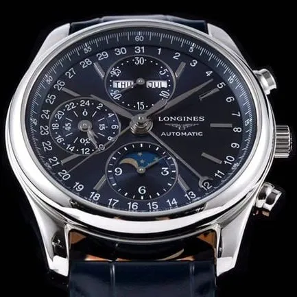 KL factory Longinestop-tier watch famous moon phase series men's blue dial blue belt automatic movementleather strap watch front view