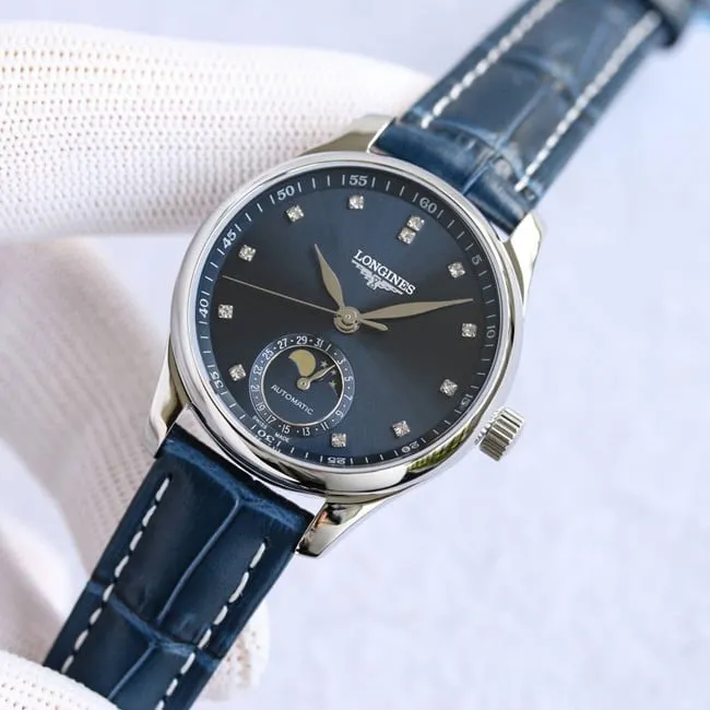 Longinestop-tier famous series ladies blue dial blue belt fully automatic movementleather strap watch front view