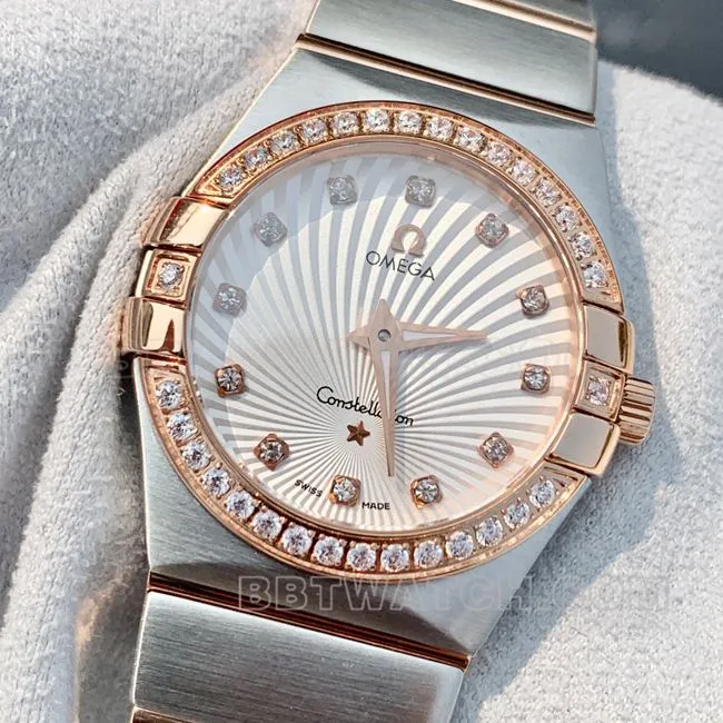 Top-Quality Watch: Omega Constellation with White Dial and Rose Gold Diamond Bezel, 28 mm, Quartz—Front View (Actual Photos)