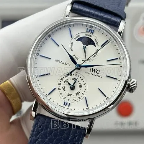 watch Portofino GR factory IWC white dial blue needle blue leather strap model front live photo