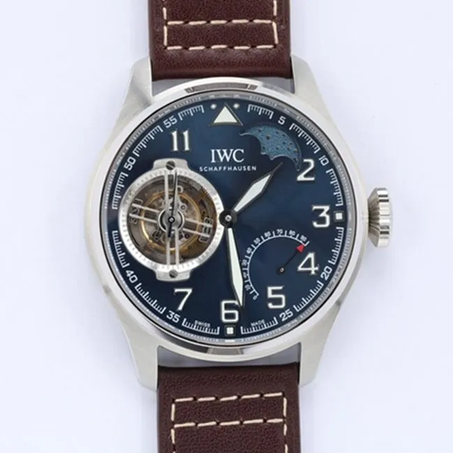 top-tier watch IWC men's blue dial hour room pilot series tourbillon watch bracelet picture front view