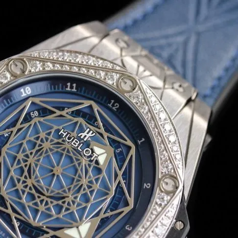 top-tier watch Hublot series tattoo OEM1:1 open mold white steel blue dial ring diamond men's mechanical watch clasp picture