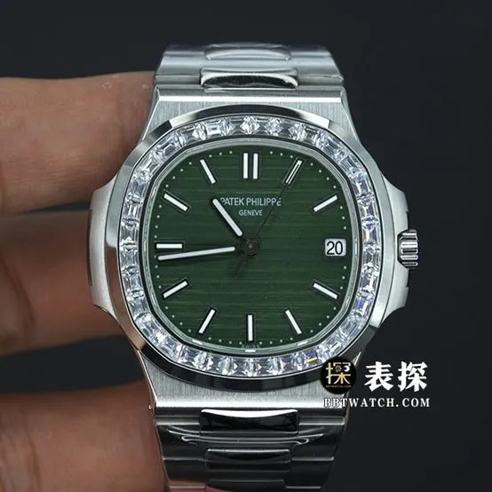 PPF FactoryPatek Philippe sporty and elegant top-tier 1:1super watch men's green dial diamond steel bracelet model pictures and prices front live photo