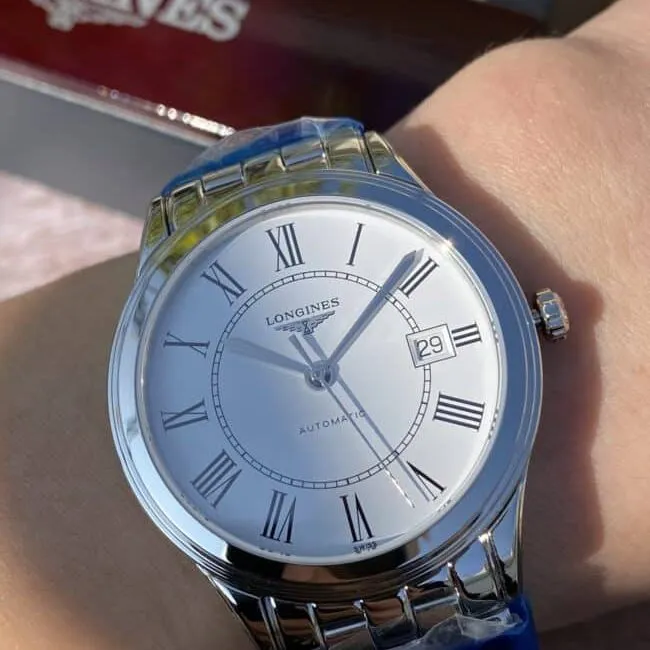 Longines Master Collection Swiss Engraved Movement Centennial Classic White Steel Couple's Watch Front View