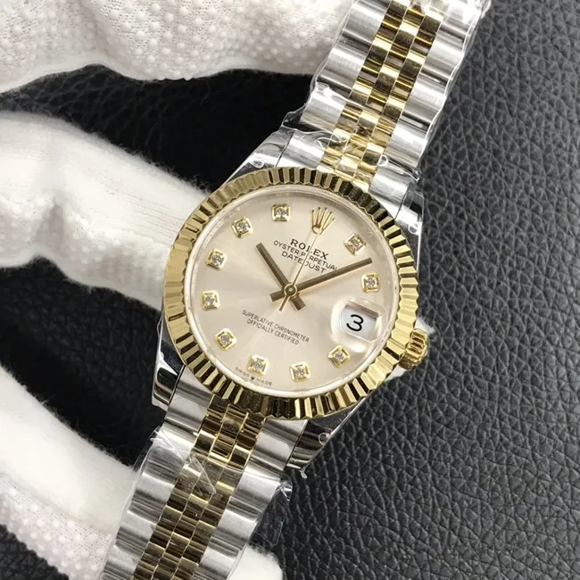 top-tier watch Rolex women's Datejust 31MM white dial gold band mechanical watch front view