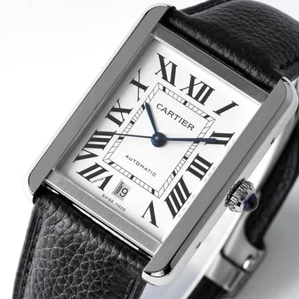 AF Factorytop-tier replicaCartier men's white dial black belt tank series fully automatic movementleather strap watch front view