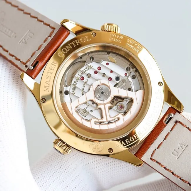 TW factory top-tier Jaeger-LeCoultre master geographer series rose gold color steel case red leather strap watch front view