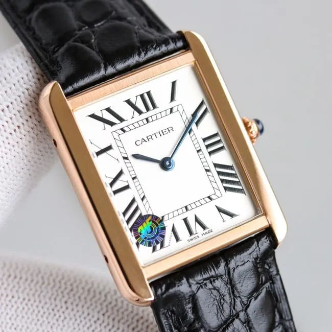 3WF factory Cartiertop-tier watch tank series white dial black belt couple series quartzleather strap watch front view