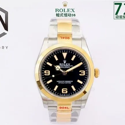 EW Factorytop-tier replicaRolex Explorer 36 series men's black dial gold band automatic movement watch front view