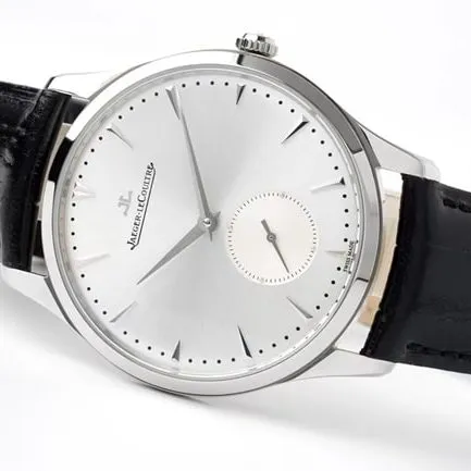 ZF FactoryJaeger-LeCoultretop-tier replicahigh-quality watch men's white dial black belt master series ultra-thin small second hand quartzleather strap watch side view