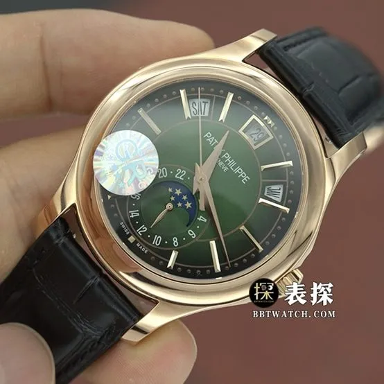 GR factory complications Patek Philippe1:1replica watch olive green dialrose goldleather strap model 5205R-011clasplive photos