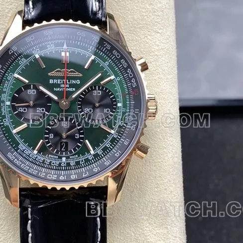 watch aviation chronograph BLS factory Breitlingrose goldgreen dialleather strap model front live photo