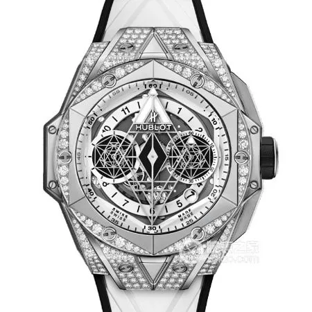 HB factory tattoo second generation Hublot1:1replica watch full diamond chronographblack dial white rubber bracelet front view