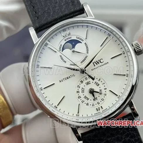 collectible watch Portofino GR factory IWC white dial black leather strap model front live photo
