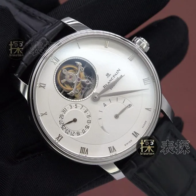 YS factory Blancpain1:1replica watch white dialchronograph tourbillon black leather bracelet front view