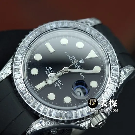 JVS Yacht-Master Rolex watch men's black dial diamond rubber model caseback live photo