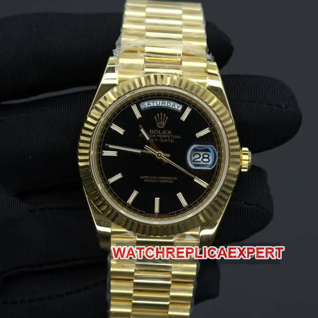 Rolex top collectible watches men's black plate gold band double calendar automatic mechanical back cover figure