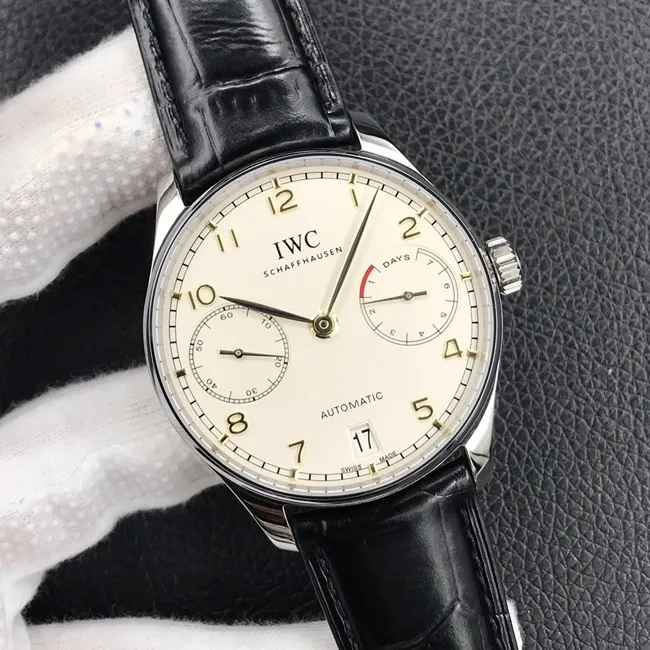 YL factory top-tier watch IWC men's white dial black belt Portuguese seven automatic movementleather strap watch front view