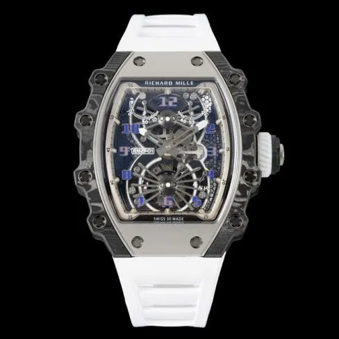 Large factory fine imitation Richard Mille black steel RM 21-01 aerodynamic tourbillon watch light wear carbon fiber and 5N red gold material front view