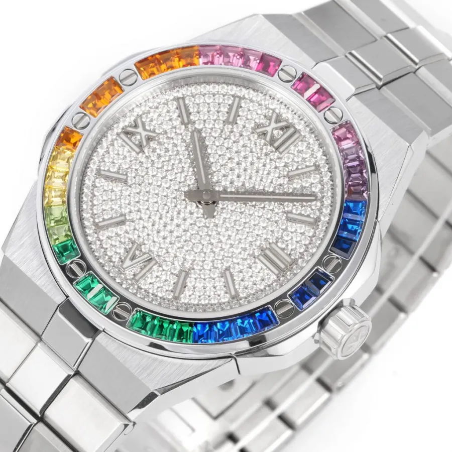Chopardtop-tier watch GH factory Xueshan Aoyi 41mm diamond plate color sapphire crystal ring steel bracelet model side live photo