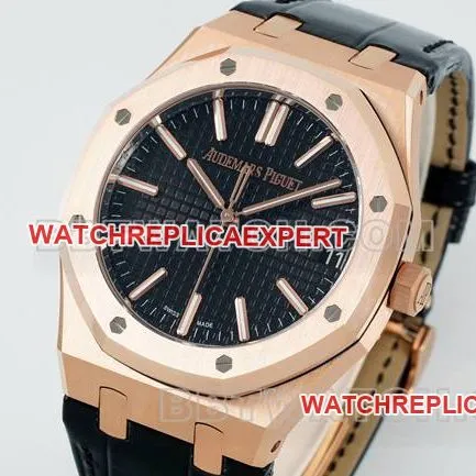 collectible watch Royal OakDDF factory Audemars Piguetblack dialrose gold4302 mechanical leather bracelet15510front live photo