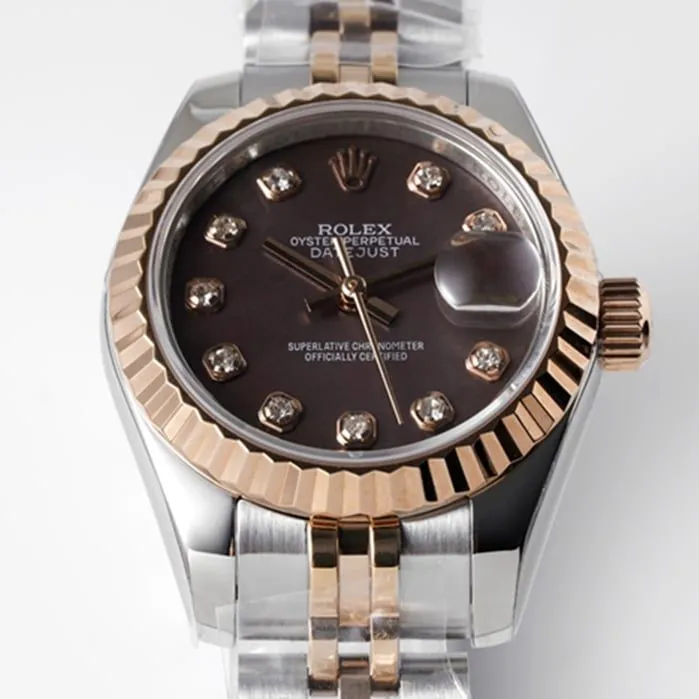 Top-tier watch Rolex women's brown dial Datejuststeel bracelet watch front view