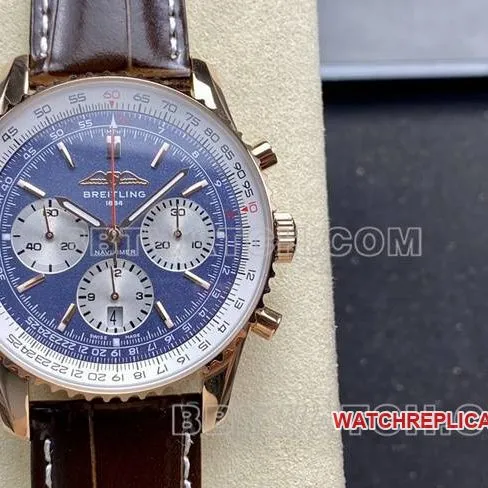 top-tier watch BLS factory blue dialBreitling aviation chronographrose goldleather strap model braceletlive photos
