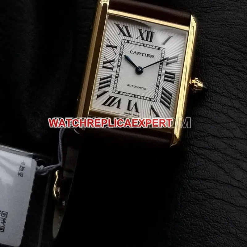 Cartier1:1replica watch F1 factory tank white dialyellow gold case 2899MCmovementleather strap model front live photo