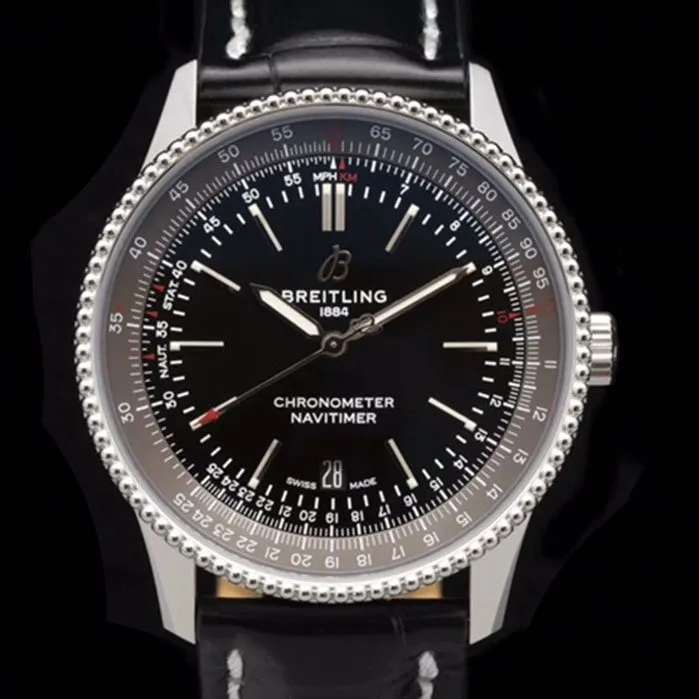 top-tier watch Breitling men's black dial aviation chronograph1 series leather strap watch front view