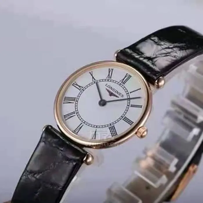 top-tier watch Longines couple watch white dial black belt Jialan series quartzleather strap watch front view