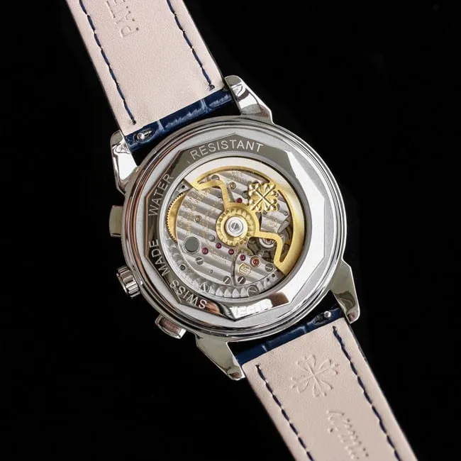 PFF factory top-tier replicaPatek Philippe super complex function chronograph series men's blue dial blue belt mechanical watch front view