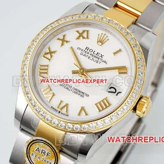 ARF FactoryRolex log 1:1super clonewhite dialdiamond bezel31mm gold three-lattice chain link278383front live photo
