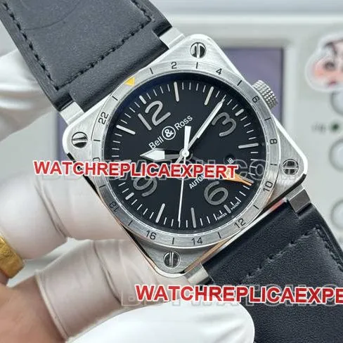 collectible watch Bell & Ross black dial 42mm dual time zone leather strap model front live photo