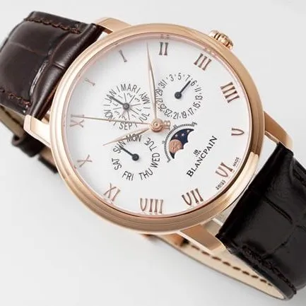 Blancpaintop-tier watch classic series manual winding mechanical men's white dial brown belt watch front view