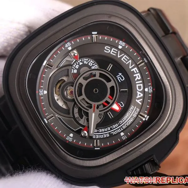 Seven day display five watch all black super cool hollow SEVENFRIDAY/automatic movement fashion men's watch Swiss steel bracelet large dial front view