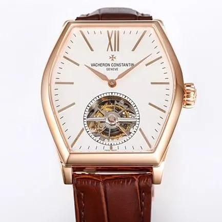 VCR factory Vacheron Constantintop-tier watch Malta tourbillon series men's white dial brown belt watch clasp picture