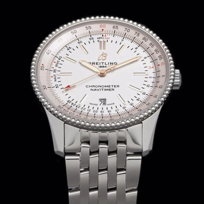 top-tier watch Breitling men's white dial aviation chronograph1 series overview steel bracelet watch front view