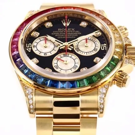 top-tier replicaRolex men's black dial gold band Daytona rainbow model full automatic movement watch front view