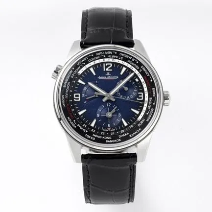 ZF FactoryJaeger-LeCoultretop-tier watch men's blue dial black belt Geographer Q1428421 series disc mechanical leather strap watch front view