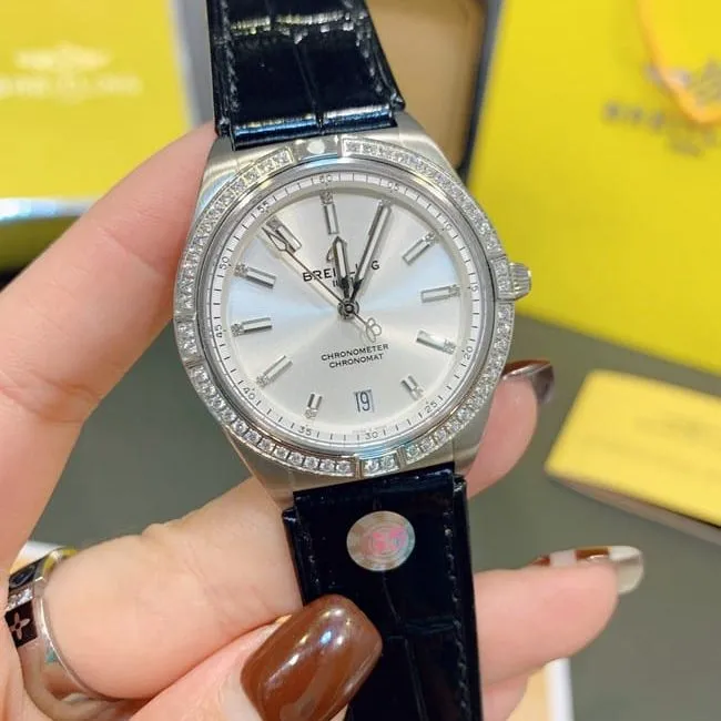 Breitlingtop-tier watch Nanhai capsule series fully automatic movementleather strap women's white dial black belt front view