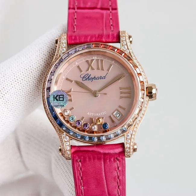 top-tier replicaChopardsuper clonechopard Happy Sport series ladies pink plate pink belt automatic movementleather strap watch front view