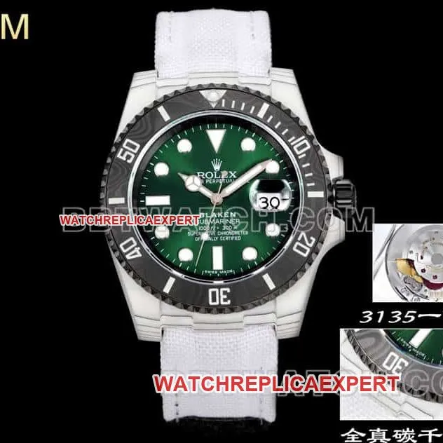 PPM factory RolexSubmariner1:1super clonegreen dial carbon fiber 3135 white leather strap front live photo