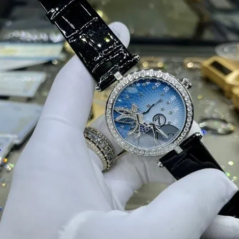 top-tier watch Van Cleef & Arpels ladies blue dial black belt fairy series leather strap watch front view